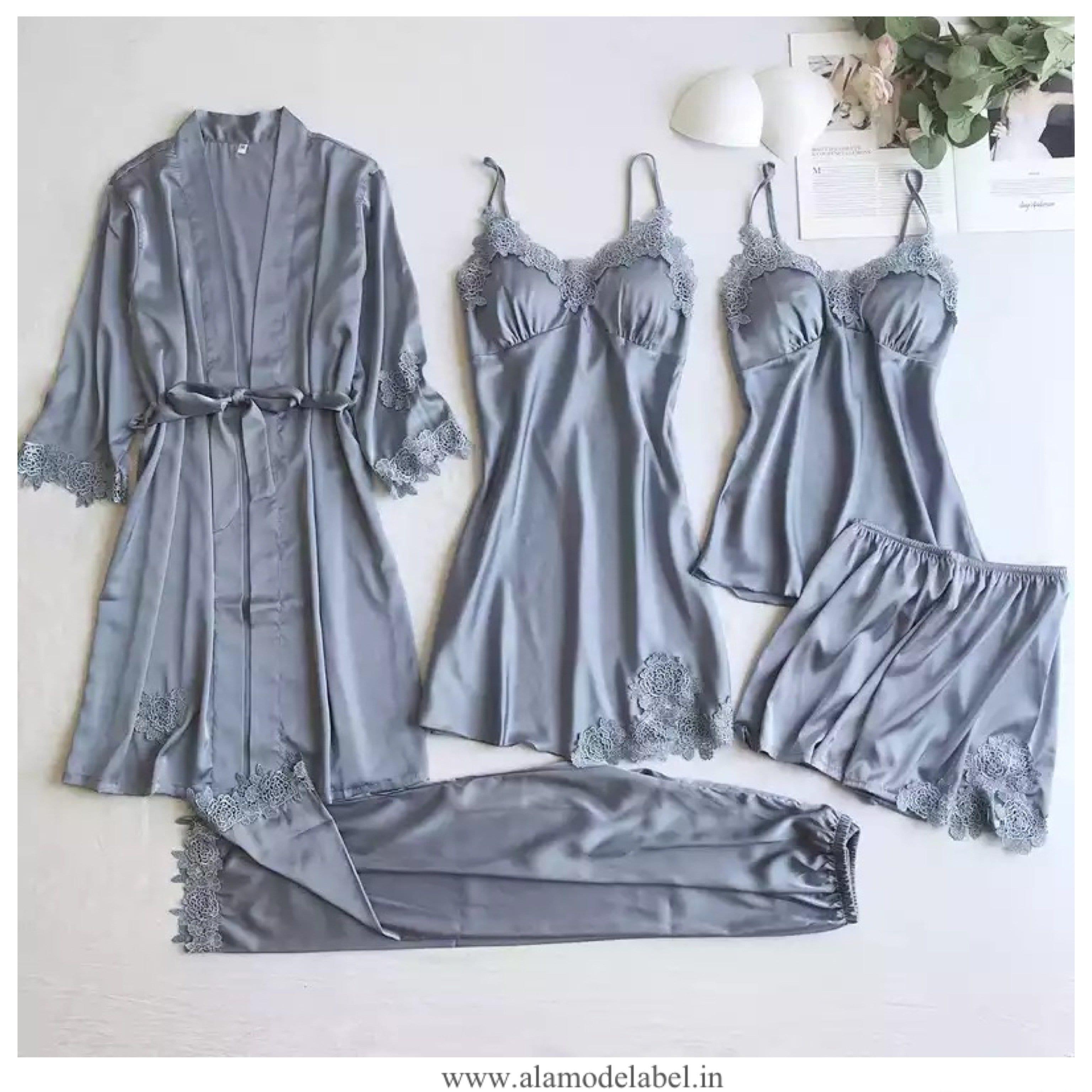 Women's Satin Embroidered Two Piece Nighty with Robe, Night Gown
