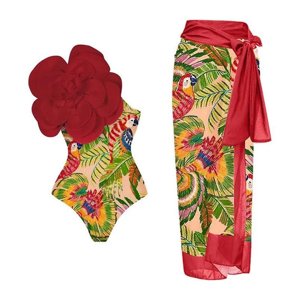 Ruther swimsuit with Sarong Skirt in Red - Alamode By Akanksha