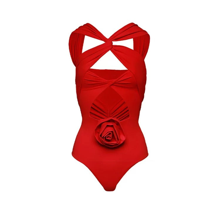 Baray Rosette Swimsuit with Pants in Red