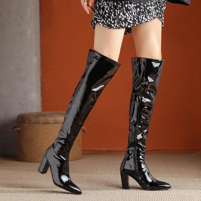 Buy Over the Knee Patent Leather Black Boots for Women Online on a la mode