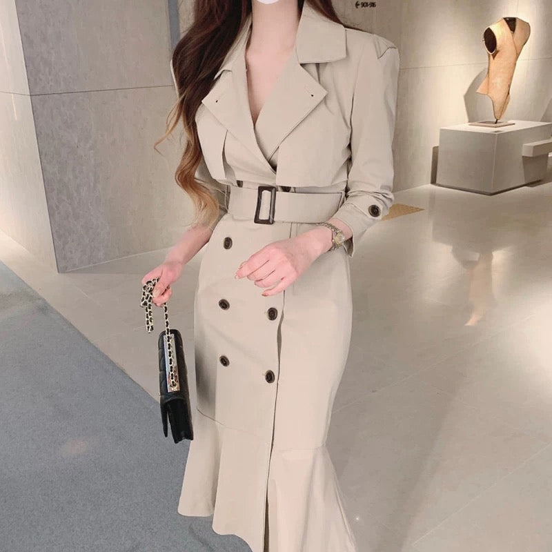 Vio Elegant Pleated Blazer Dress with Belt