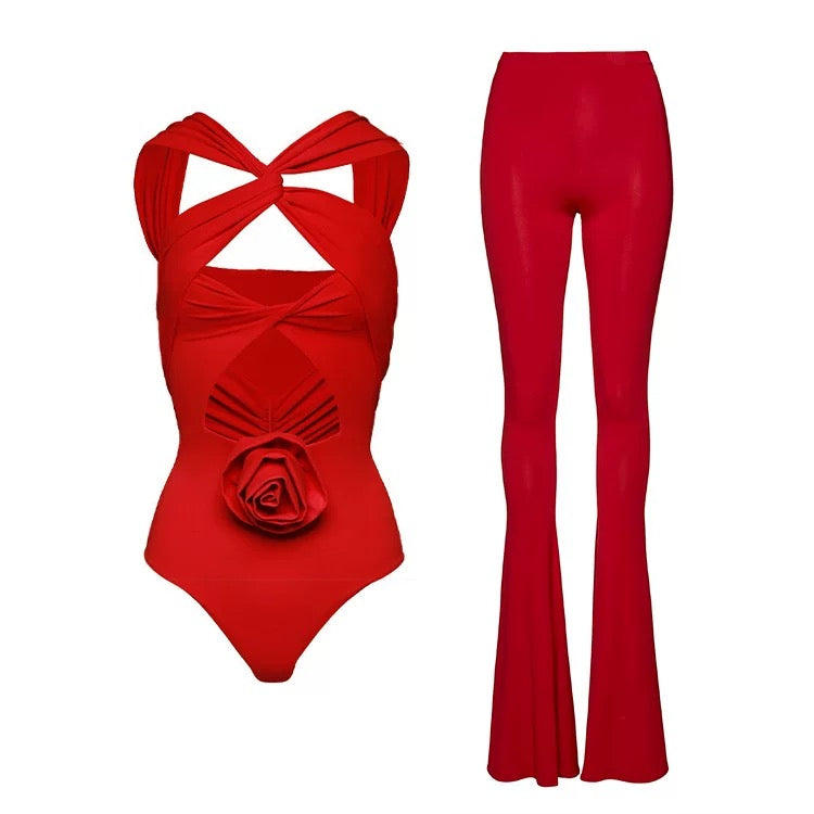 Baray Rosette Swimsuit with Pants in Red