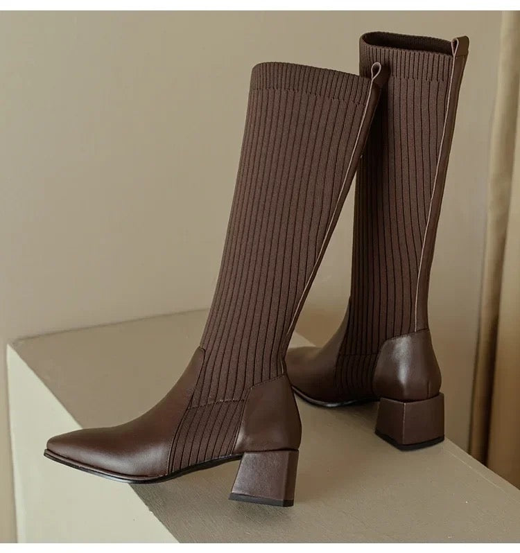 Lia Knee High Trendy Sock Leather Boots