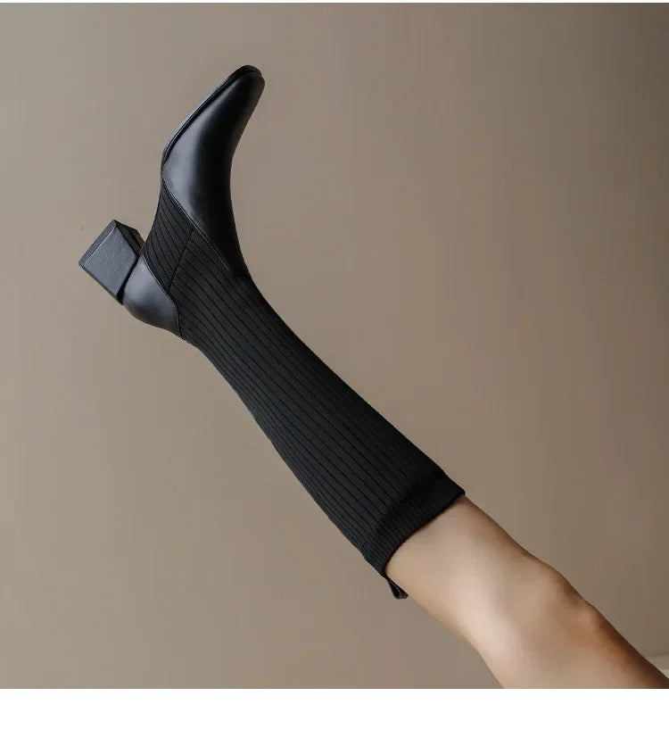 Lia Knee High Trendy Sock Leather Boots