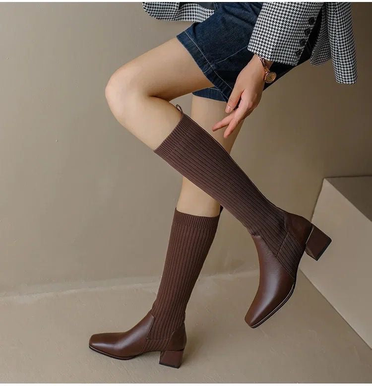 Lia Knee High Trendy Sock Leather Boots