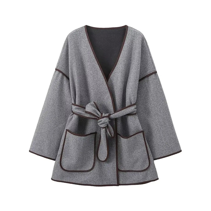 Kara Statement Woolen Overcoat with Belt In Grey