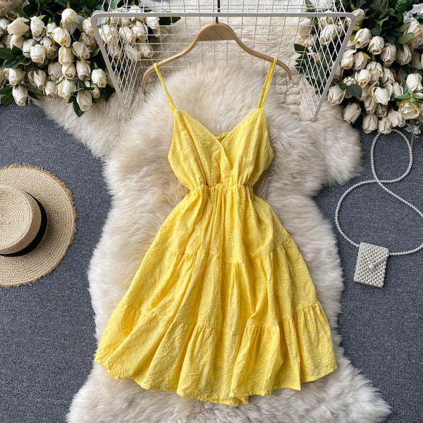 Women's Ruffle Dress With Straps Off-Shoulder A-Line Dresses Yellow Color  Short Cool Dress Fashion Summer Short Dress 