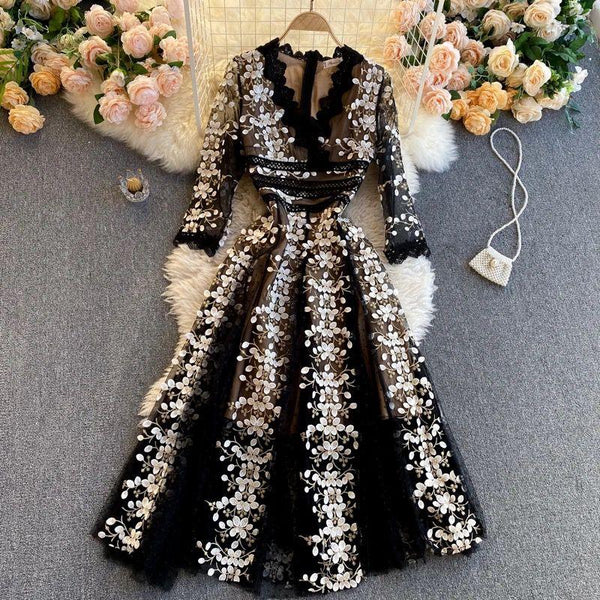 Women Evening Party Lace Short Dress Embroidery Floral Long Sleeve Fit Flare