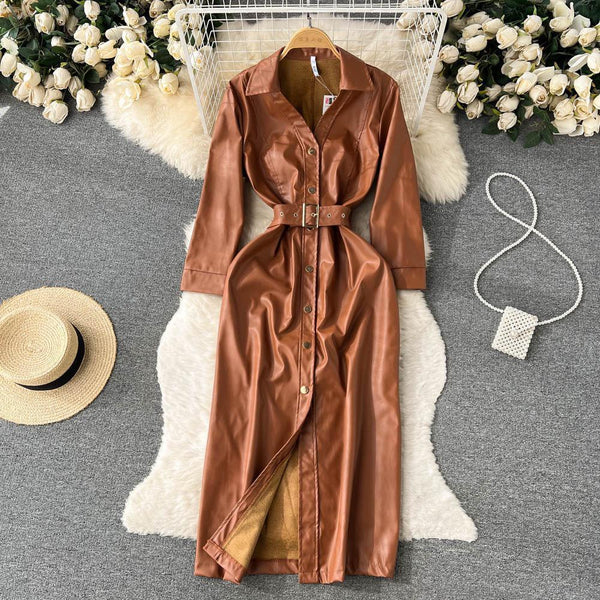 Women PU Leather Long Sleeve Dress Sexy V Neck Lapel Zipper Belted Bodycon  Club Party Dress Esg16287 - China Dress and Leather Dress price |  Made-in-China.com