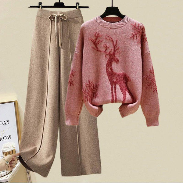 Women Knitwear Fashion Clothing Knitted Wide Leg Pants Sweater Set for Women  Ladies Wear Loose Fit Elegant Two Piece Set Round Neck Sweatshirt Trousers  - China Clothing and Custom Clothing price