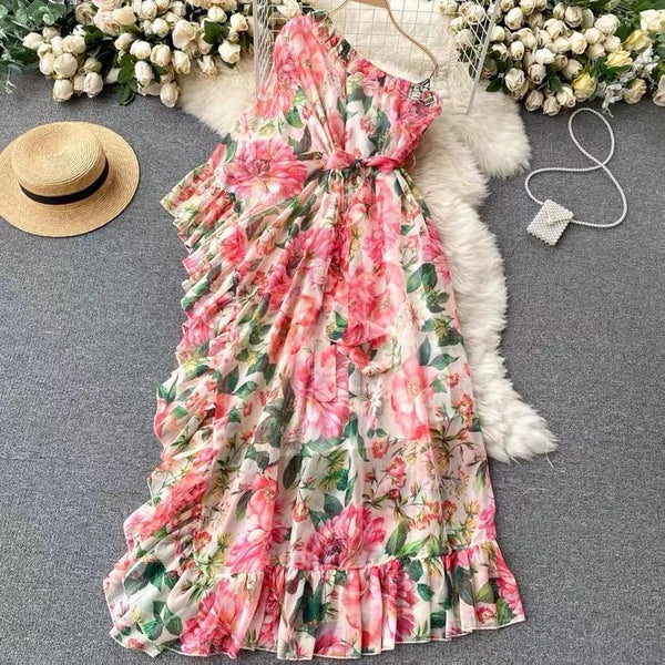 Multi Printed Dress with Ruffle Neckline - ALOFI - Women Designer Dresses